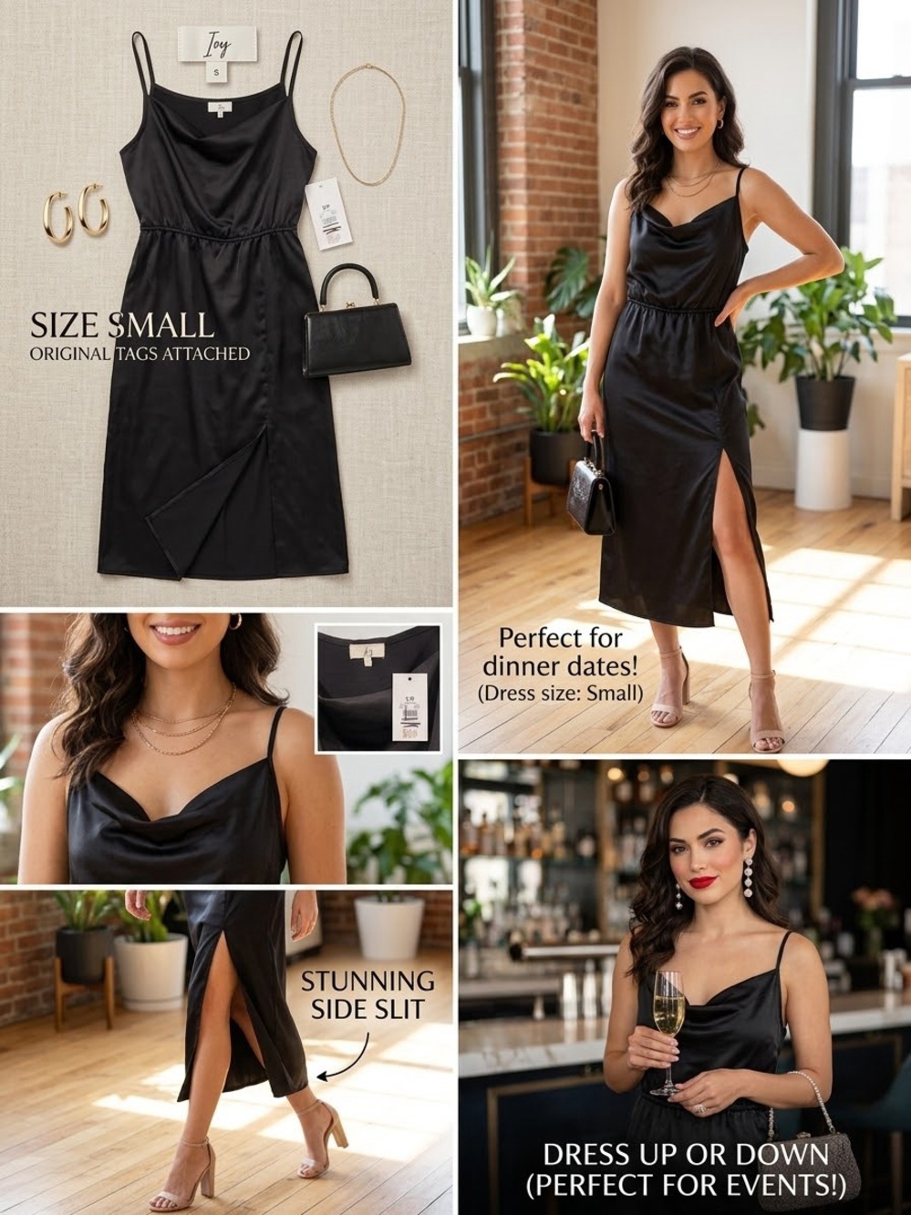 New Black Satin Cowl Neck Slip Dress with Side Slit size small
